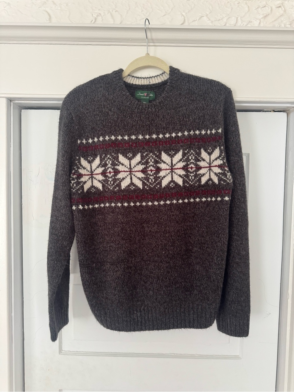 David Taylor Crewneck Fair Isle Wool Sweater with White & Burgundy Accents